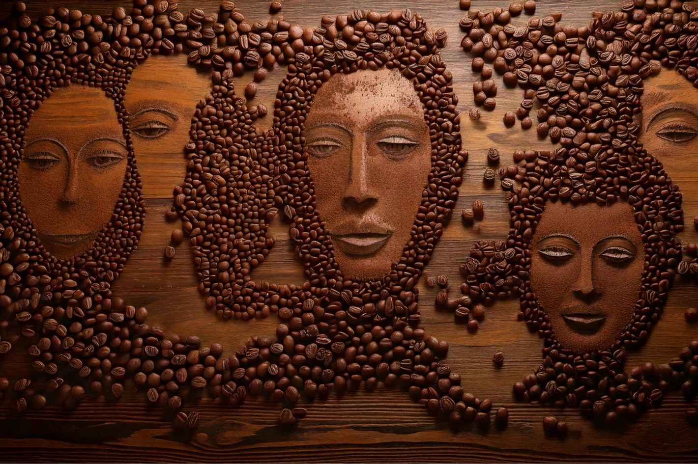 Firefly-faces-de-homens-e-mulheres-diversas-feitas-totalmente-com-graos-e-po-de-cafe-fundo-de-madei